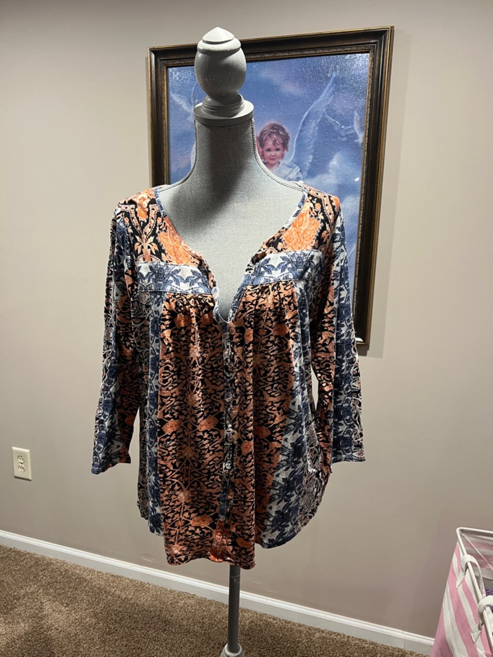 Lucky Brand Blue and Orange Printed Peasant Tunic